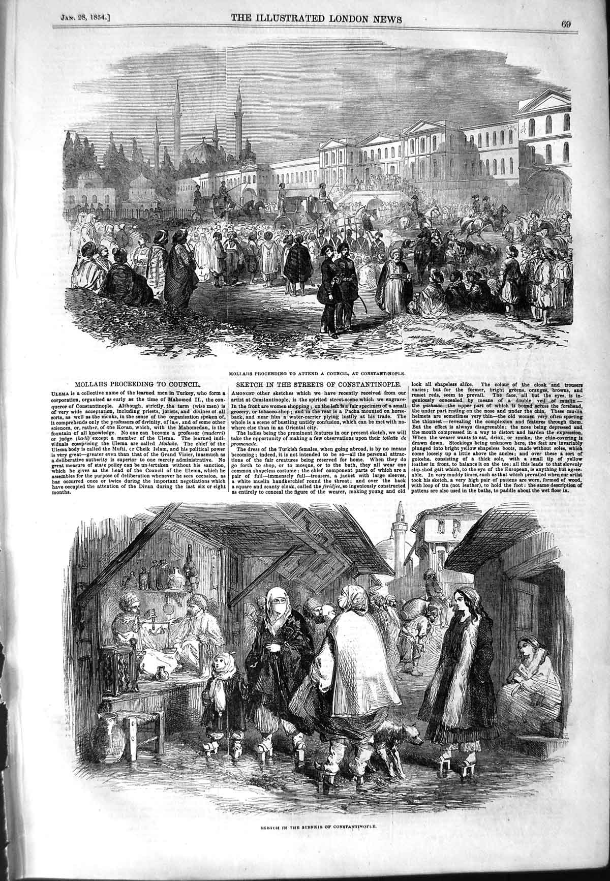 Original Old Antique Print 1854 Mollahs Council Constantinople Street Scene