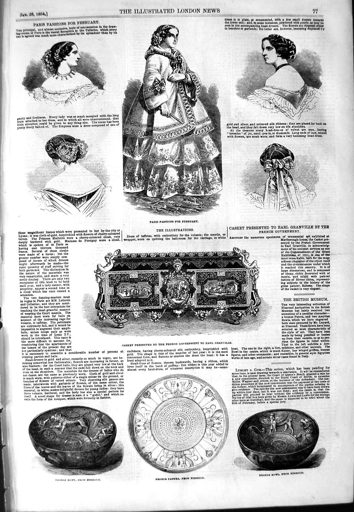 Old Antique Print 1854 Paris Fashion Bronze Patera Bowl Nimroud Granville 19th