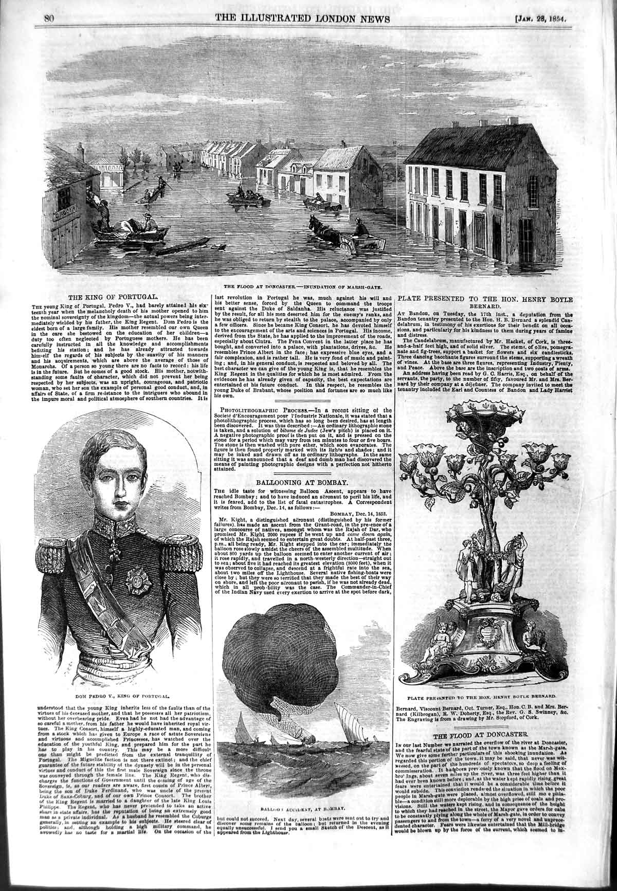 Old Antique Print 1854 Floods Doncaster Dom Pedro King Portugal Balloon 19th