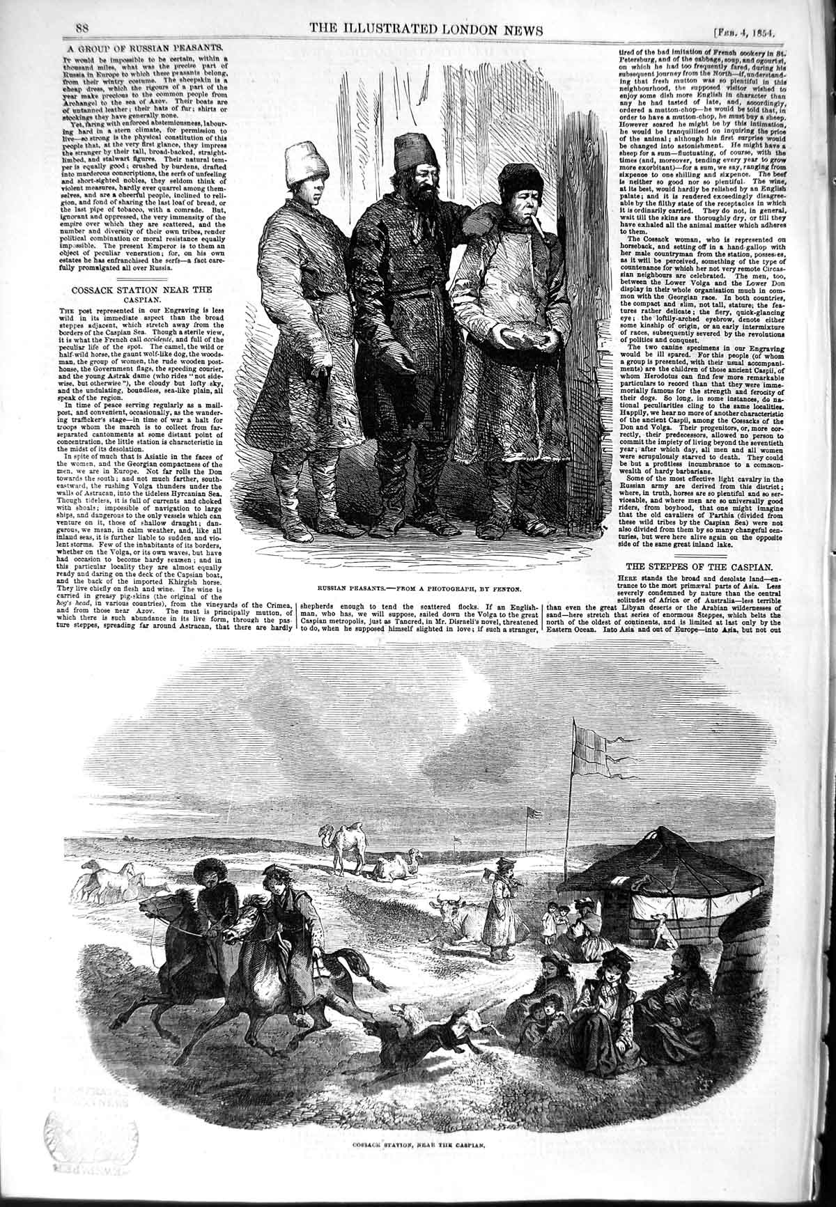 Original Old Antique Print 1854 Russian Peasants Cossack Station Caspian Camels