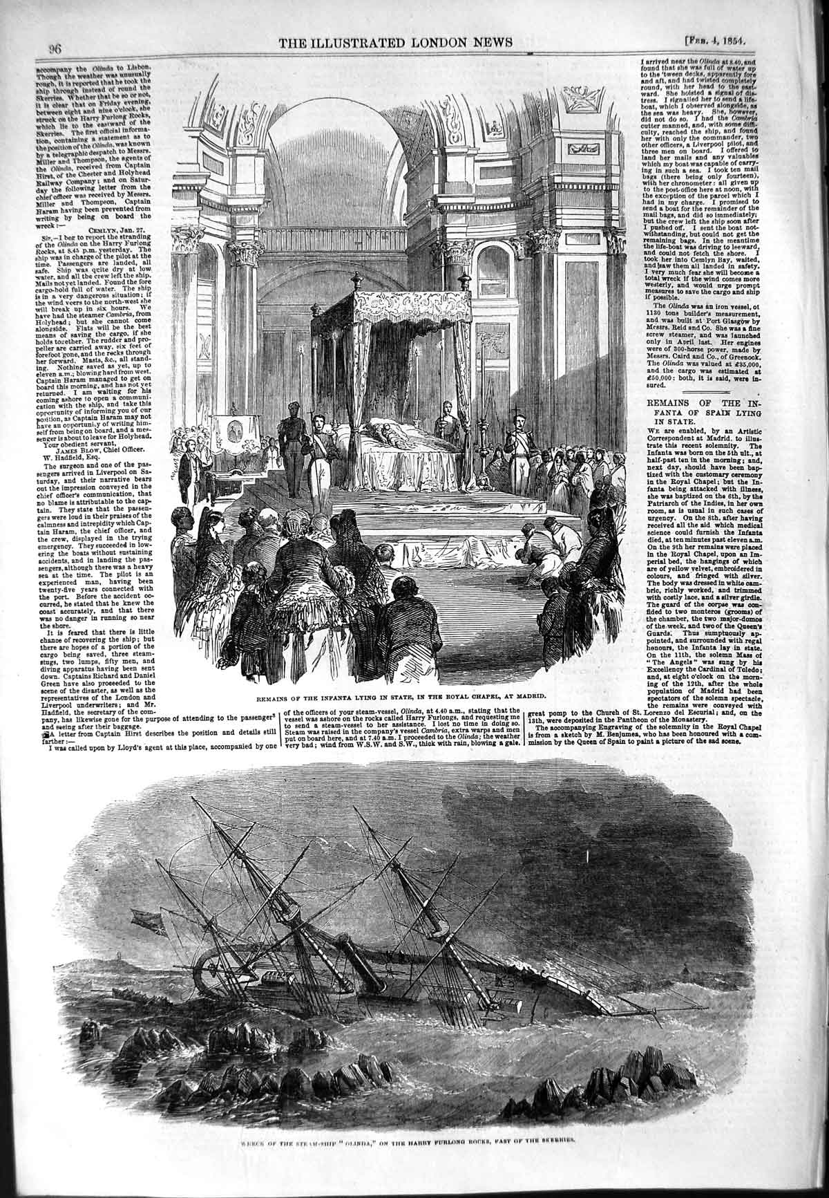 Old Antique Print 1854 Ship Wreck Olinda Skerries Body Baby Spain Madrid 19th