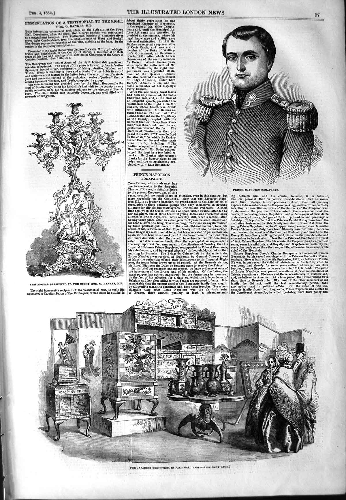 Old Antique Print 1854 Napoleon Bonaparte Japanese Exhibition Pall-Mall 19th