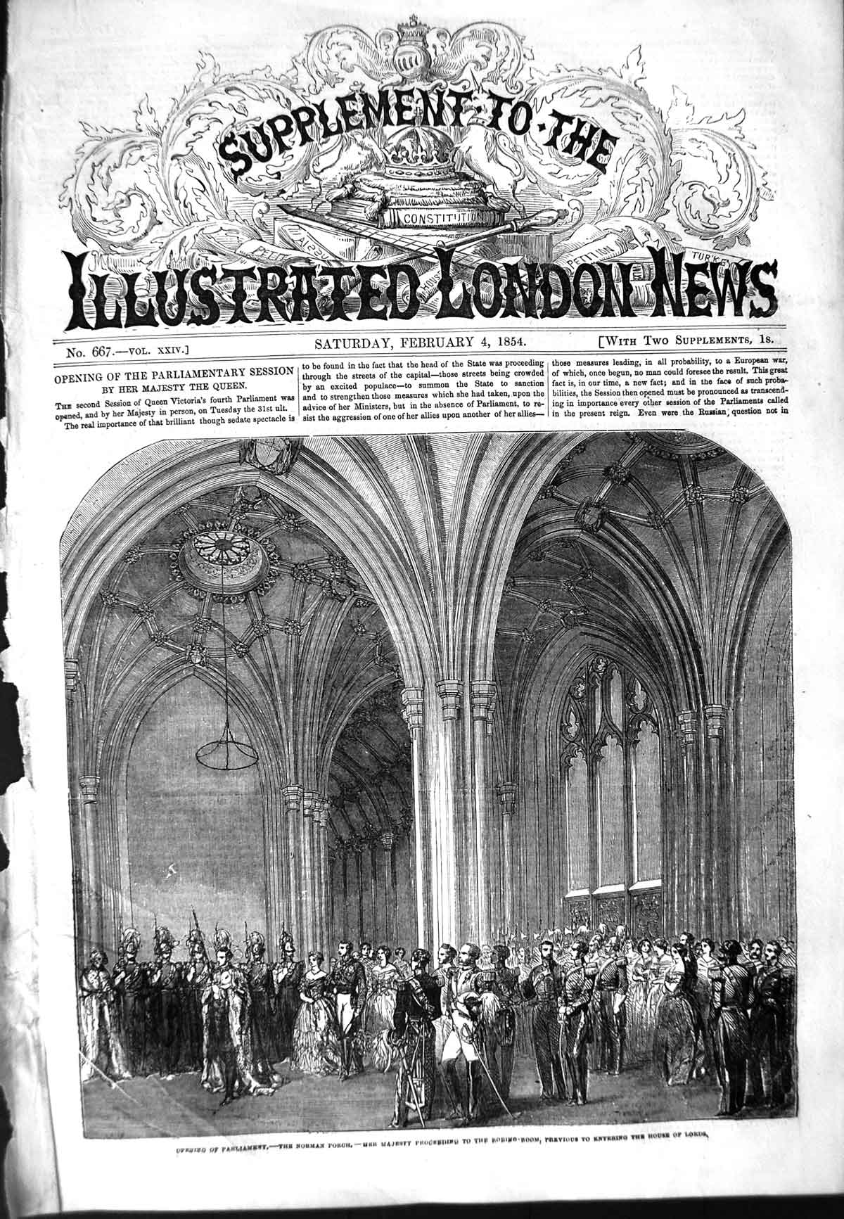 Old Antique Print 1854 Parliament Norman Porch Queen House Lords Palace 19th