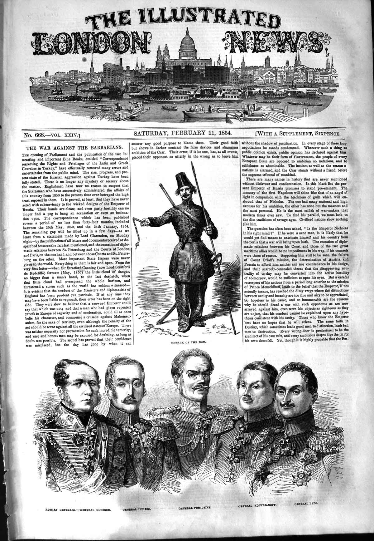 Original Old Antique Print 1854 Cossack Don Luders Pomiutine Berg General 19th