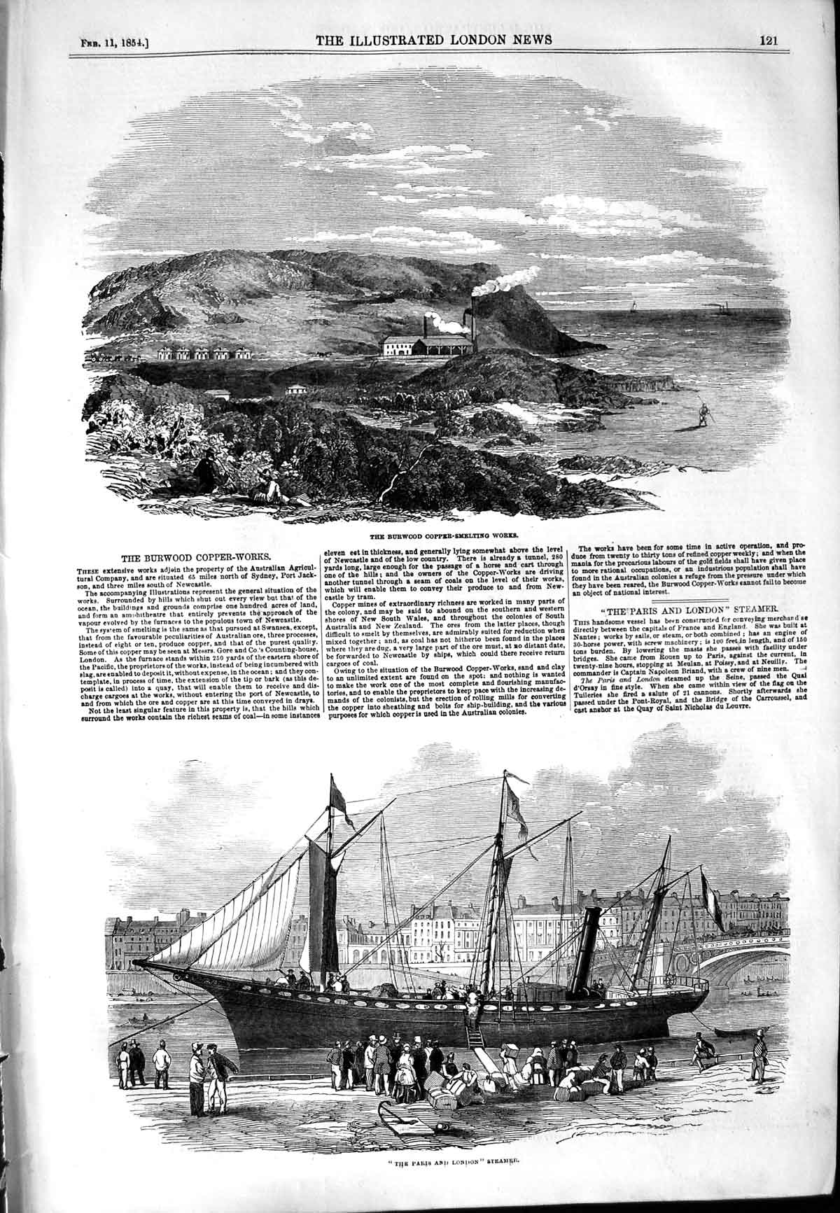 Original Old Antique Print 1854 Burwood Copper-Smelting Works Paris London Ship