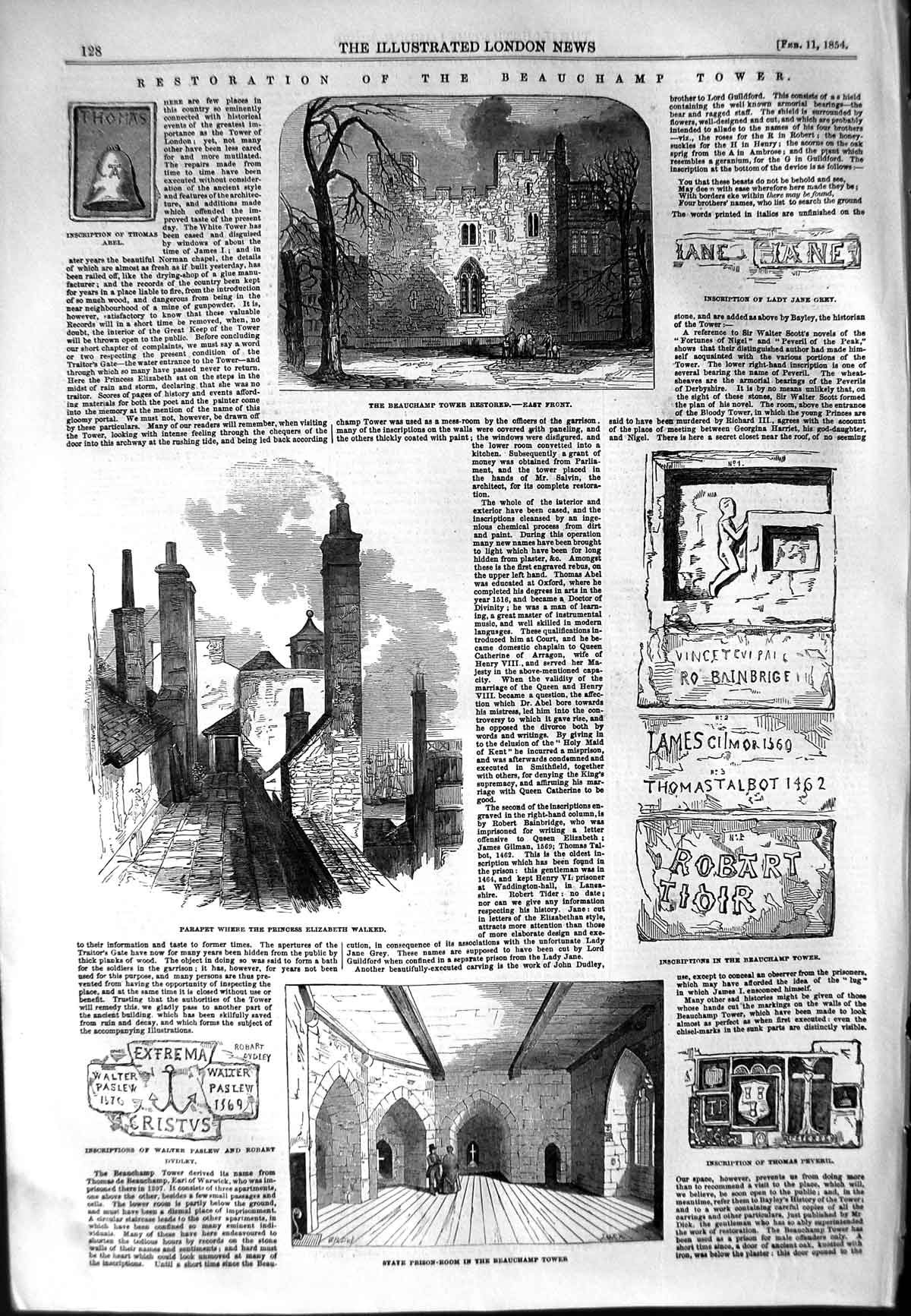 Original Old Antique Print 1854 Beauchamp Tower Prison-Room Alligators Lions