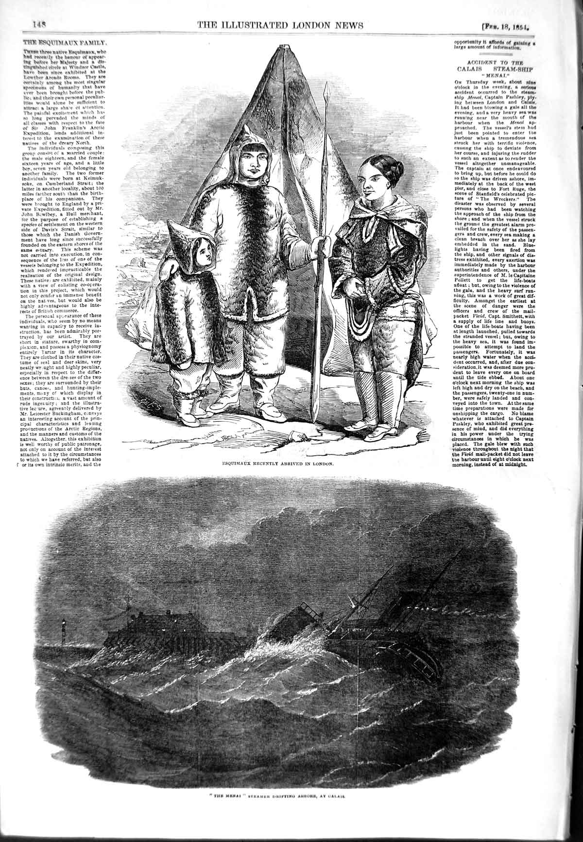 Original Old Antique Print 1854 Esquimaux London Menai Steamer Ship Calais 19th