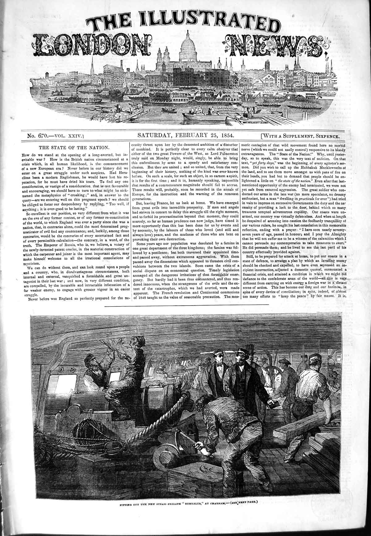 Original Old Antique Print 1854 Fitting Steam Frigate Ship Euryalus Chatham War