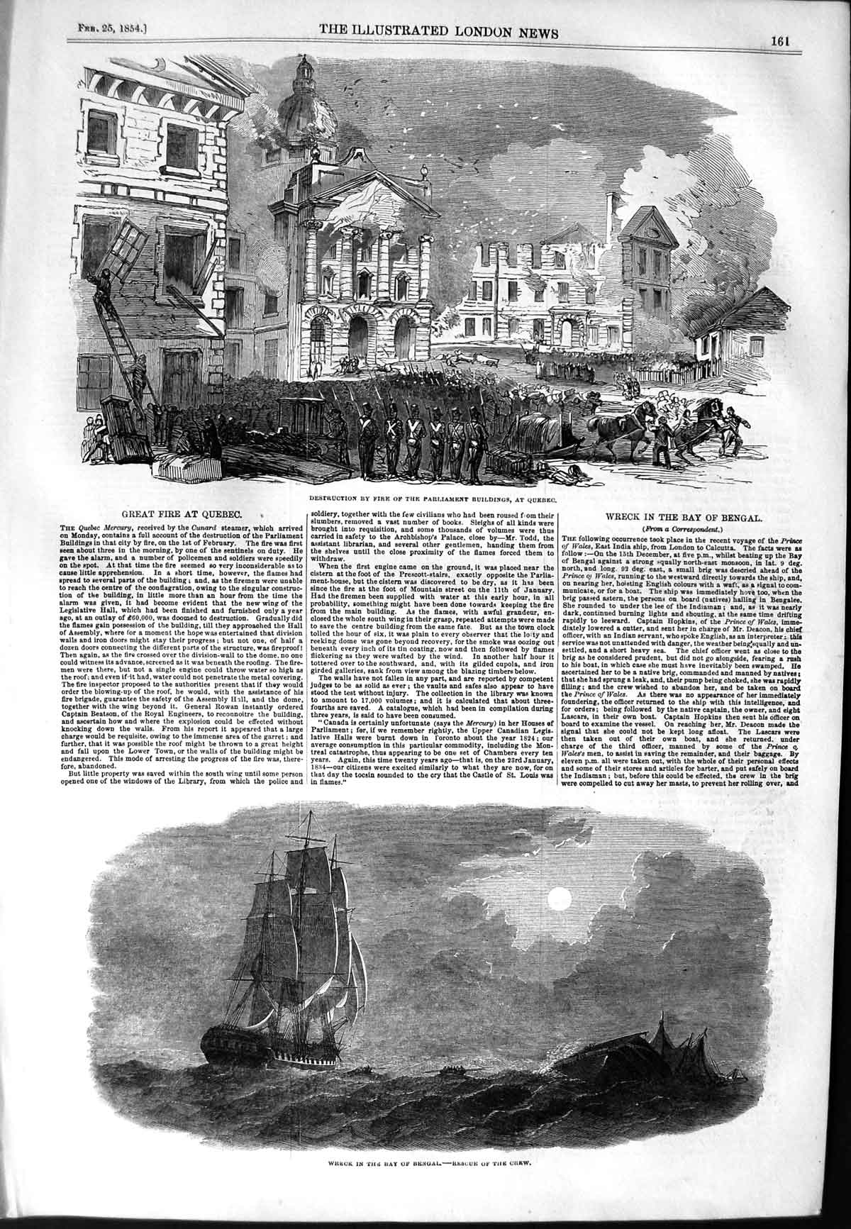 Old Antique Print 1854 Ship Wreck Bay Bengal Parliament Buildings Quebec 19th