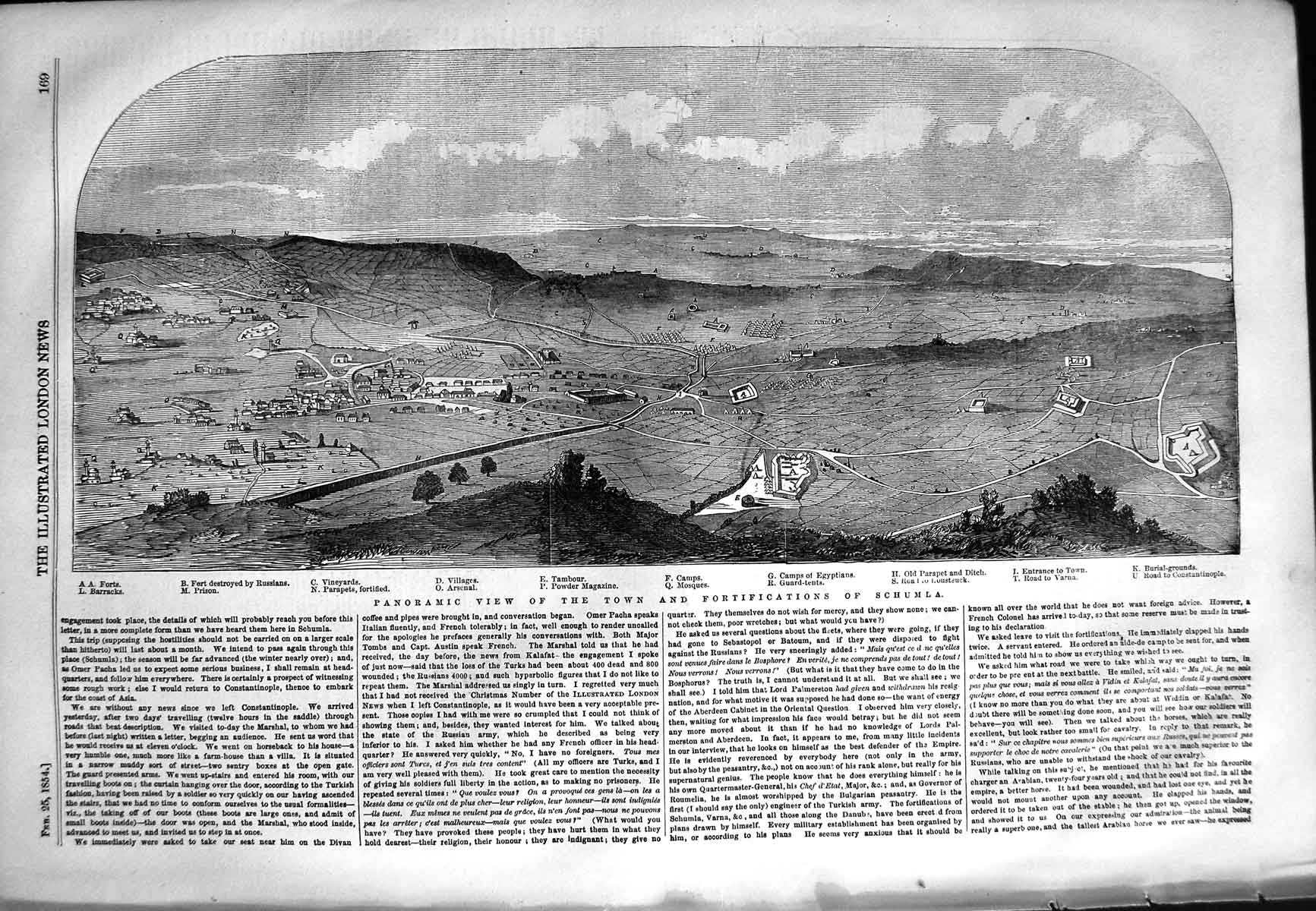 Old Antique Print 1854 View Town Fortifications Schumla Tambour Mosques 19th