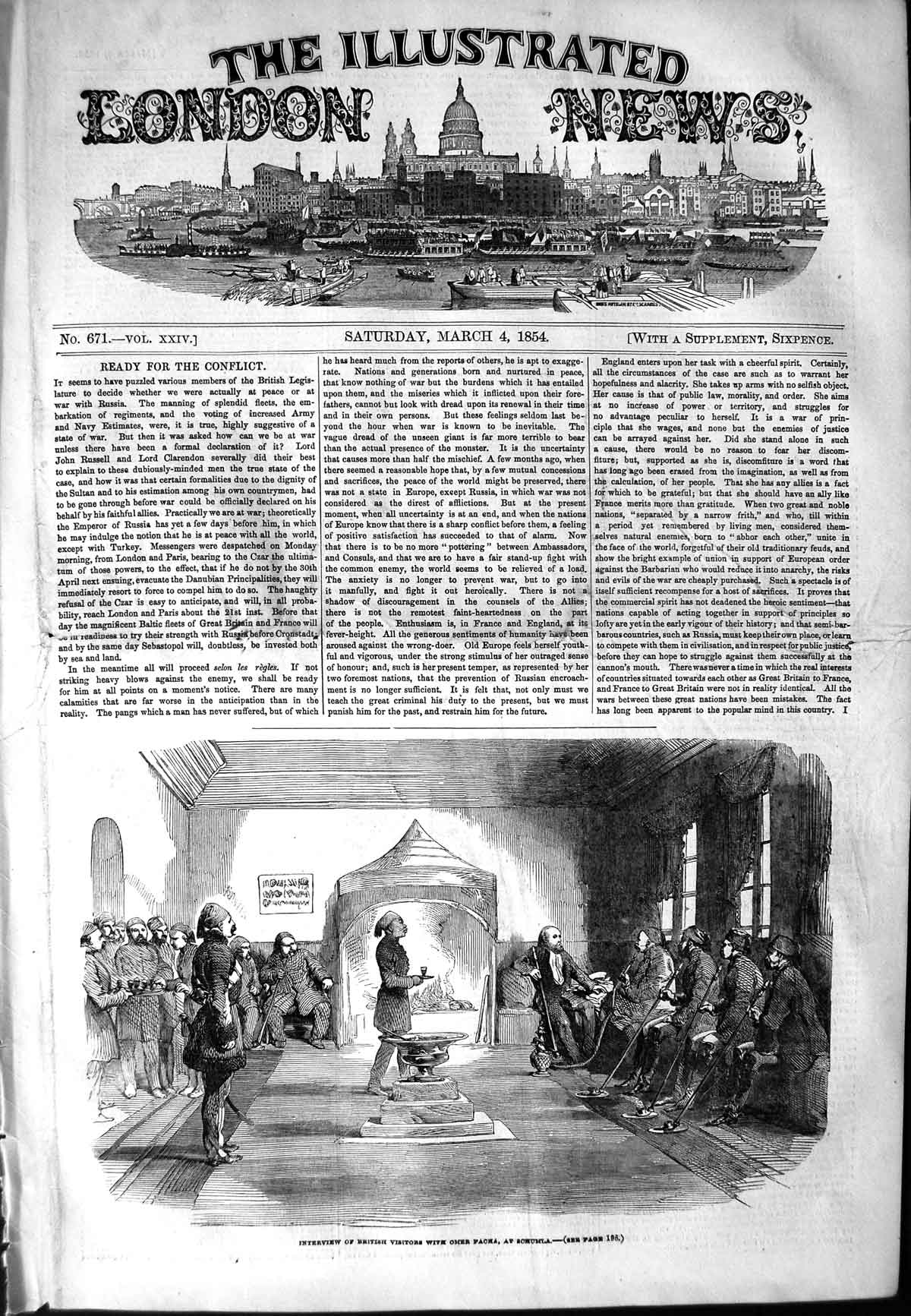 Original Old Antique Print 1854 Interview British Visitors Omer Pacha Schumla