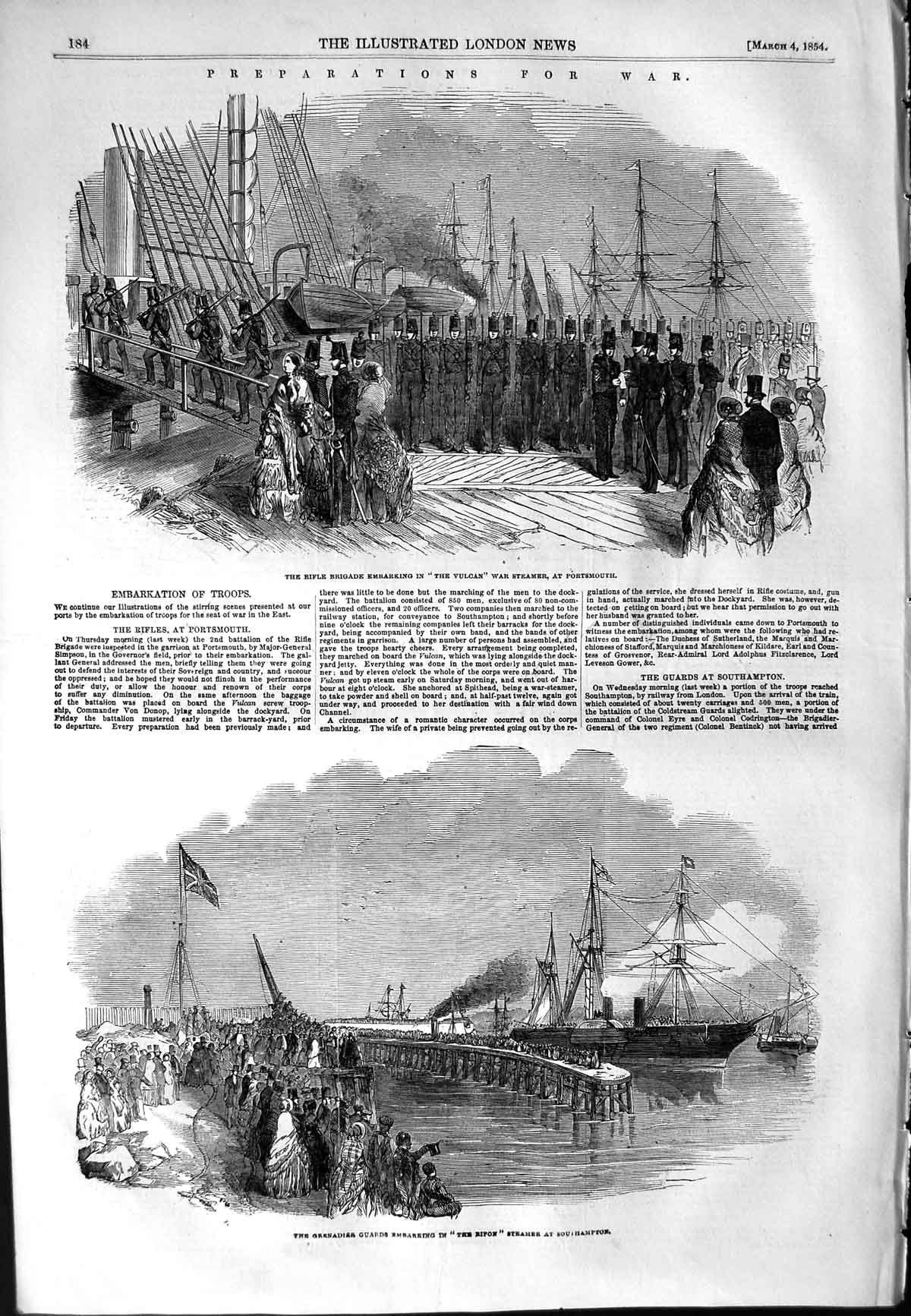 Original Old Antique Print 1854 War Rifle Brigade Vulcan Portsmouth Sout 19th