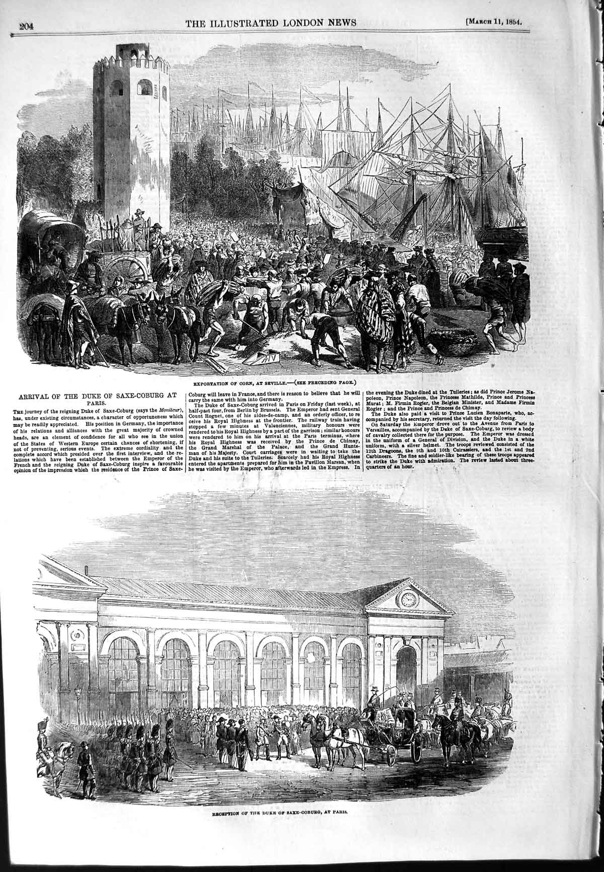 Original Old Antique Print 1854 Exportation Corn Seville Duke Saxe-Coburg Paris