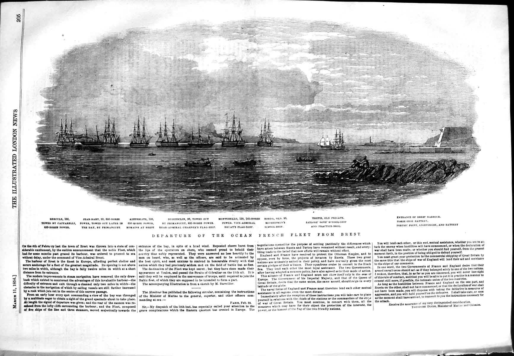 Old Antique Print 1854 War Ships Brest Borda School-Ship Portsic Battery 19th