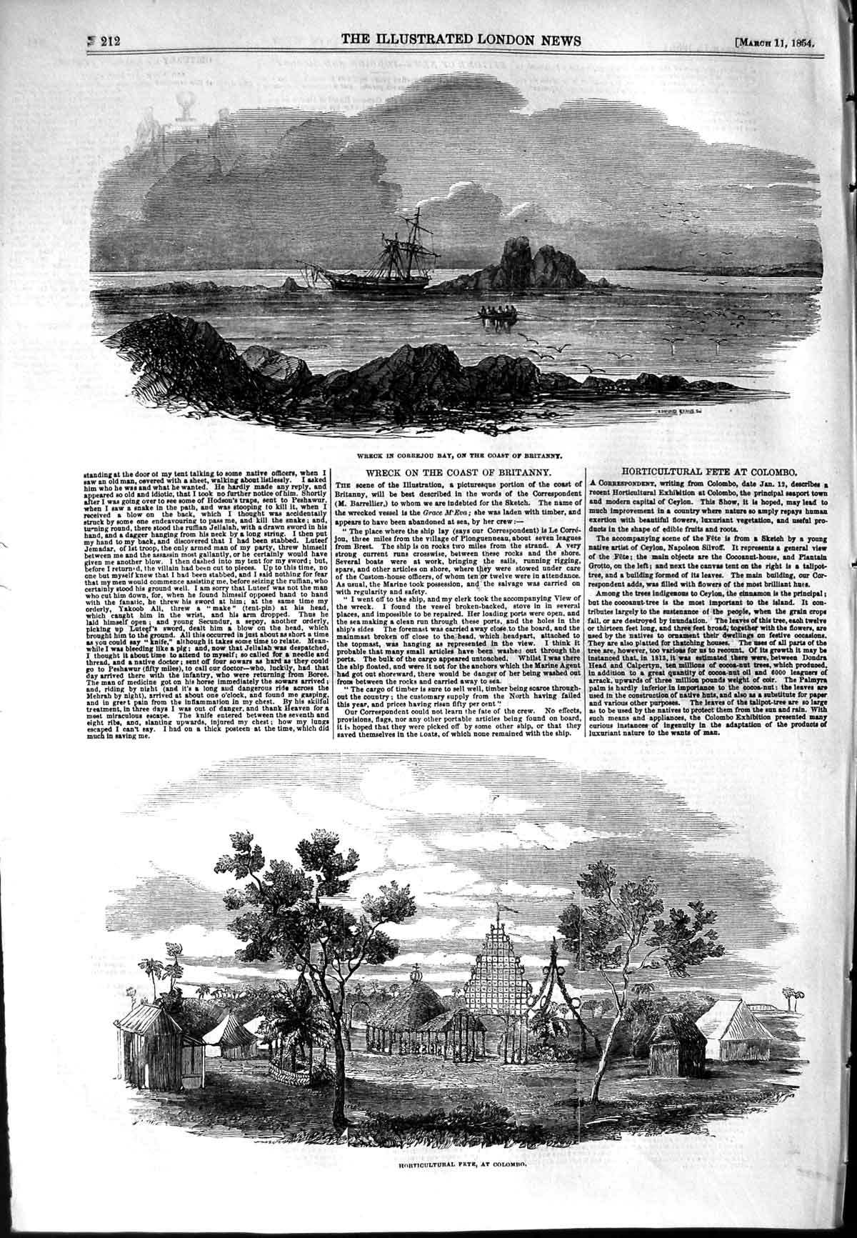 Original Old Antique Print 1854 Ship Wreck Correjou Brittany Horticultural Fete