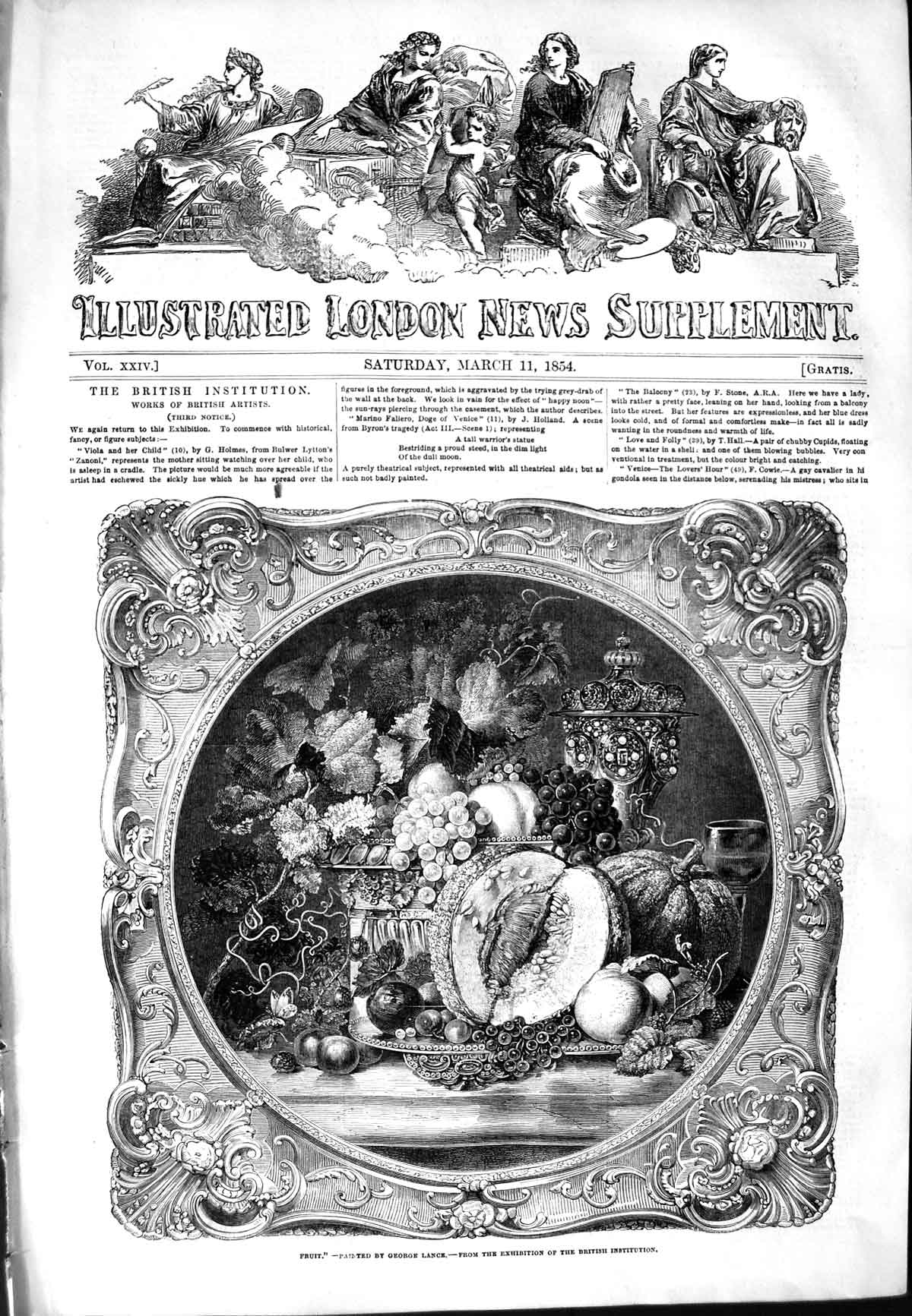 Original Old Antique Print 1854 Fruit Bowl Grapes Silver George Lance Victorian
