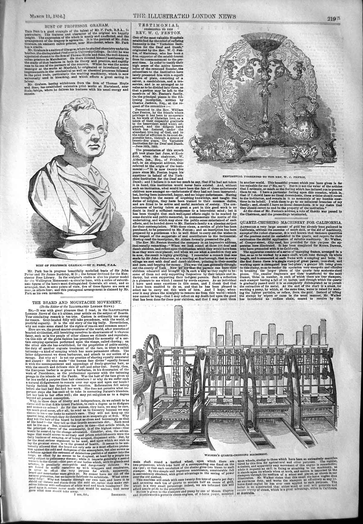 Original Old Antique Print 1854 Bust Graham Walker'S Quartz Crushing Machin 19th