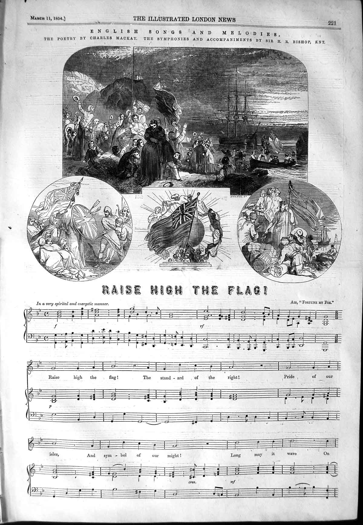 Original Old Antique Print 1854 English Song Sheet Music Raise High The Flag