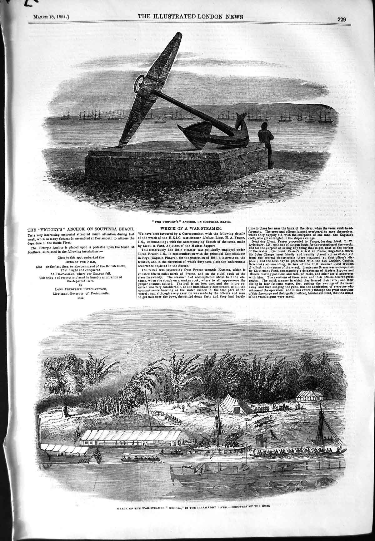 Original Old Antique Print 1854 Victory Anchor Southsea Ship Medusa Irrawaddy