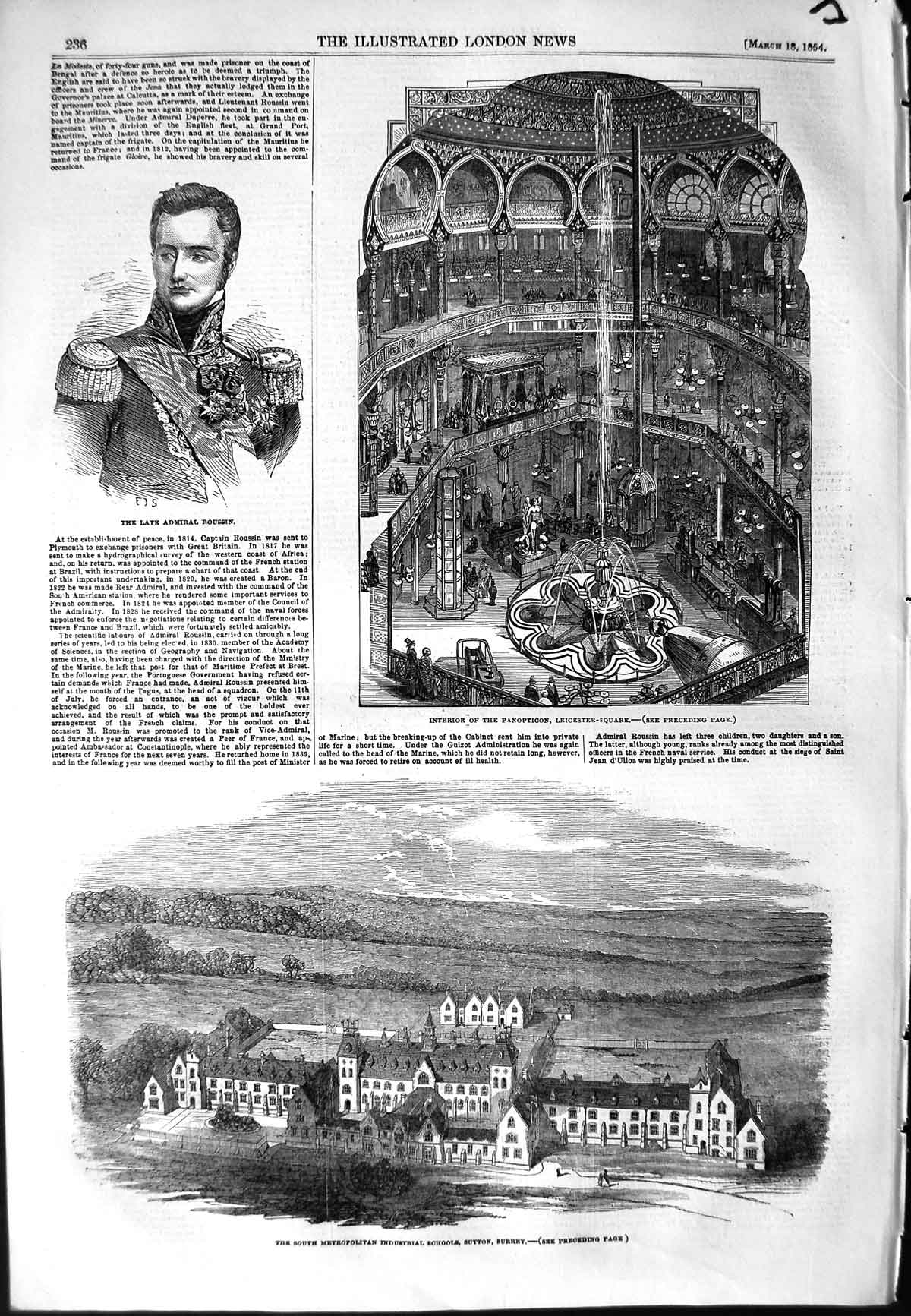Original Old Antique Print 1854 Roussin Industrial School Surrey Panopticon