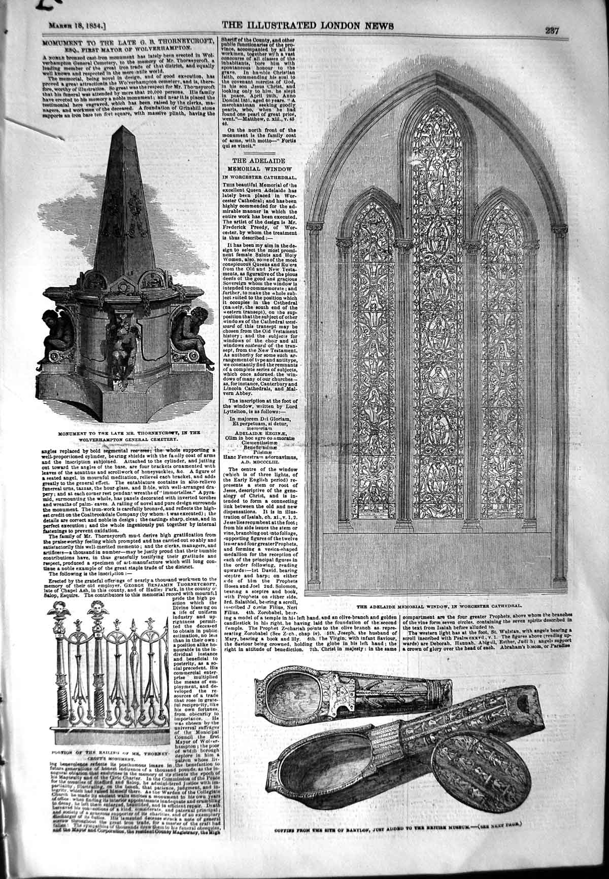 Original Old Antique Print 1854 Adelaide Memorial Window Worcester Thorneycroft