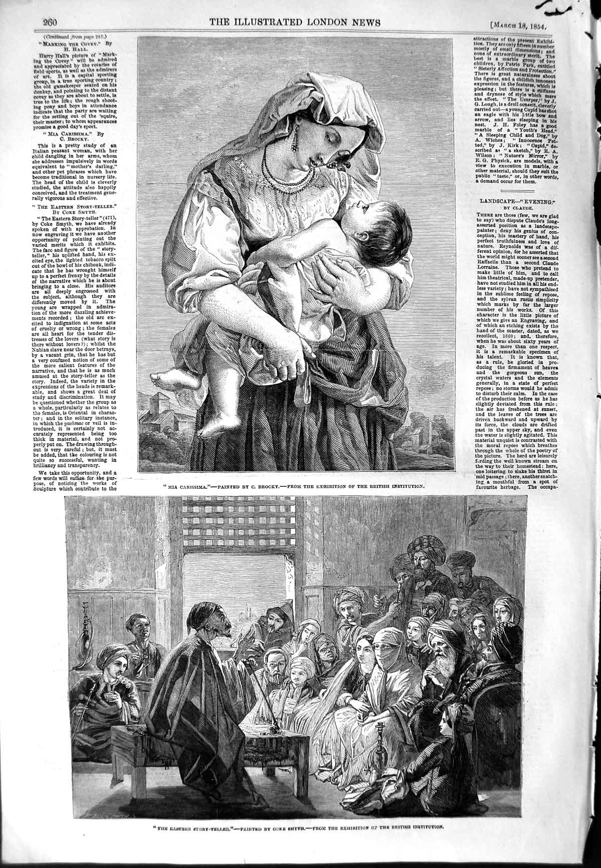 Original Old Antique Print 1854 Eastern Story Teller Mia Carissima Mother Baby