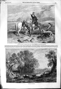 Old Antique Print 1854 Evening Cattle River Bridge Donkey Rabbit Hunting 19th
