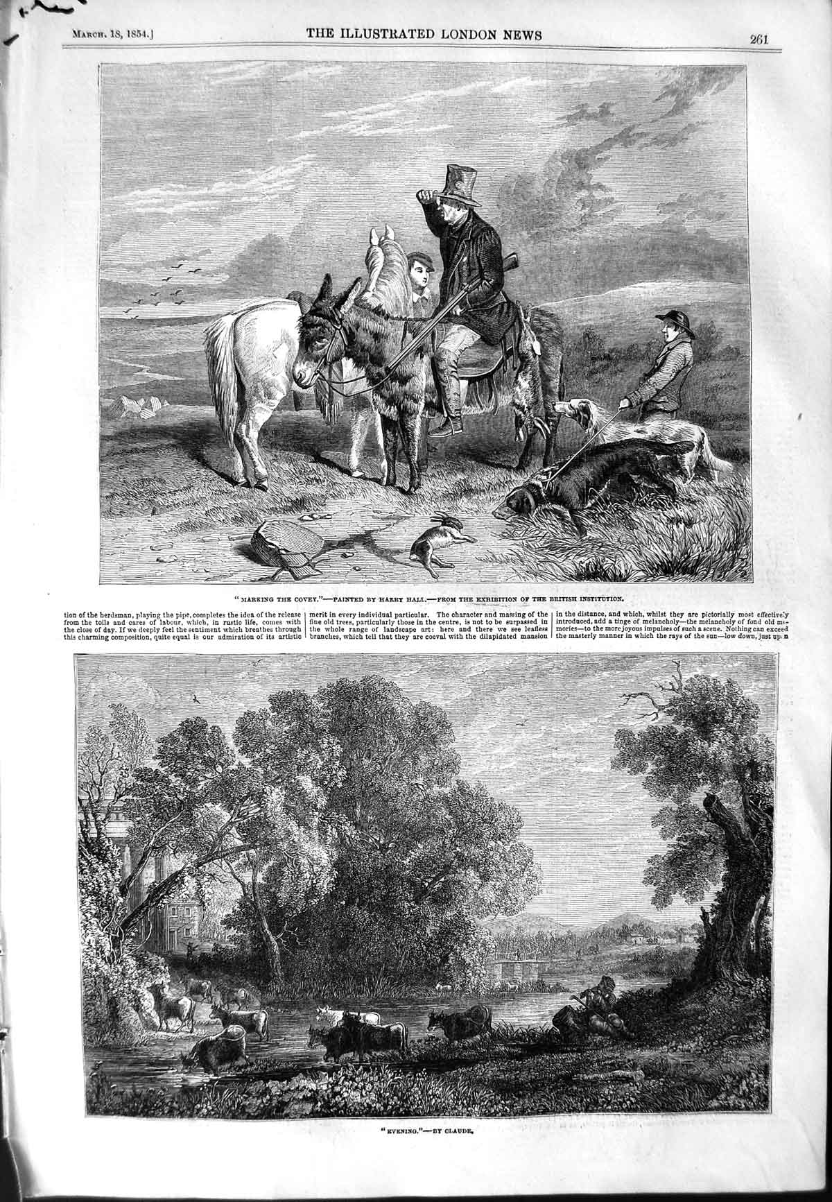 Old Antique Print 1854 Evening Cattle River Bridge Donkey Rabbit Hunting 19th