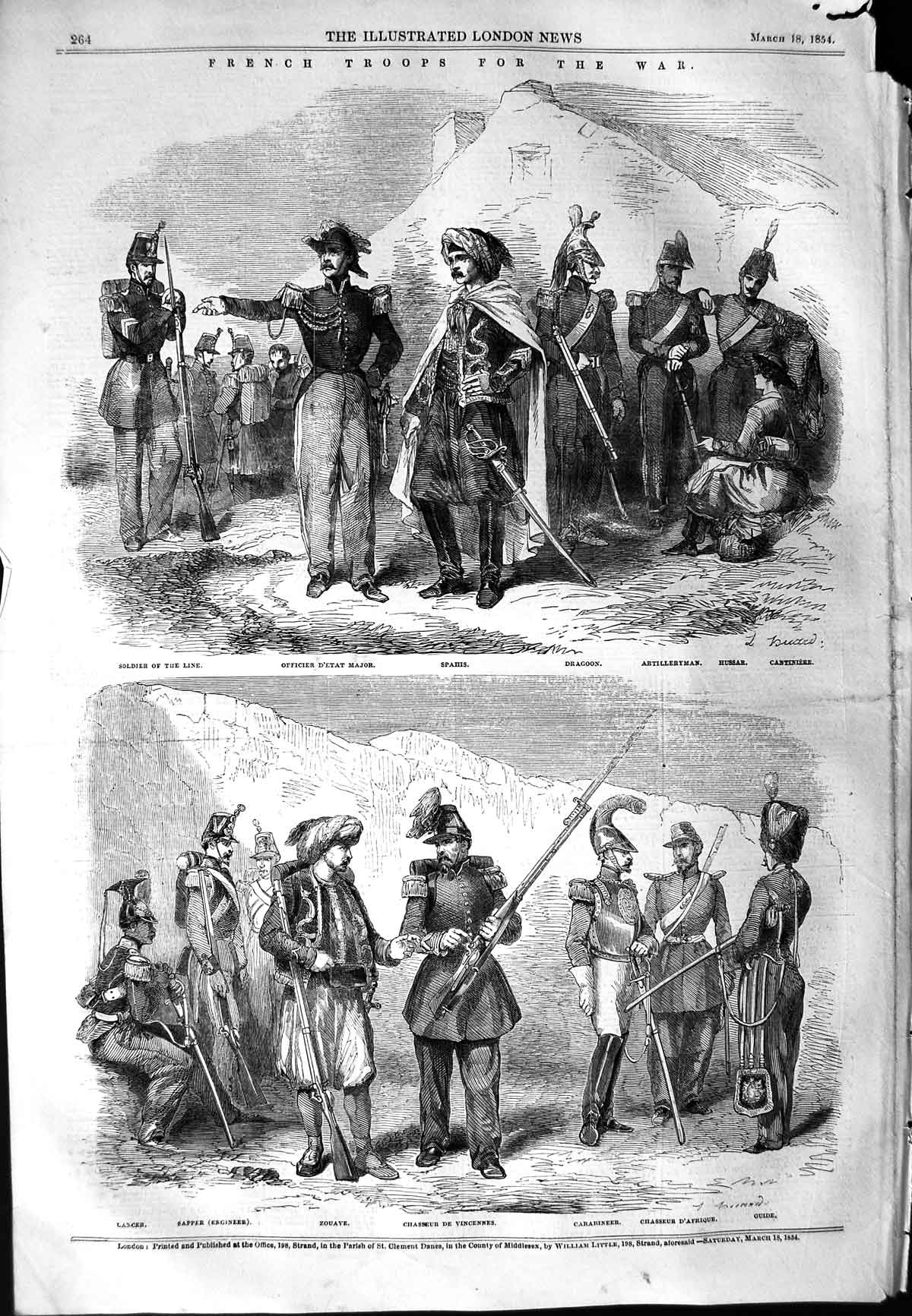 Original Old Antique Print 1854 French Siers War Zouave Sapper Spahis Victorian