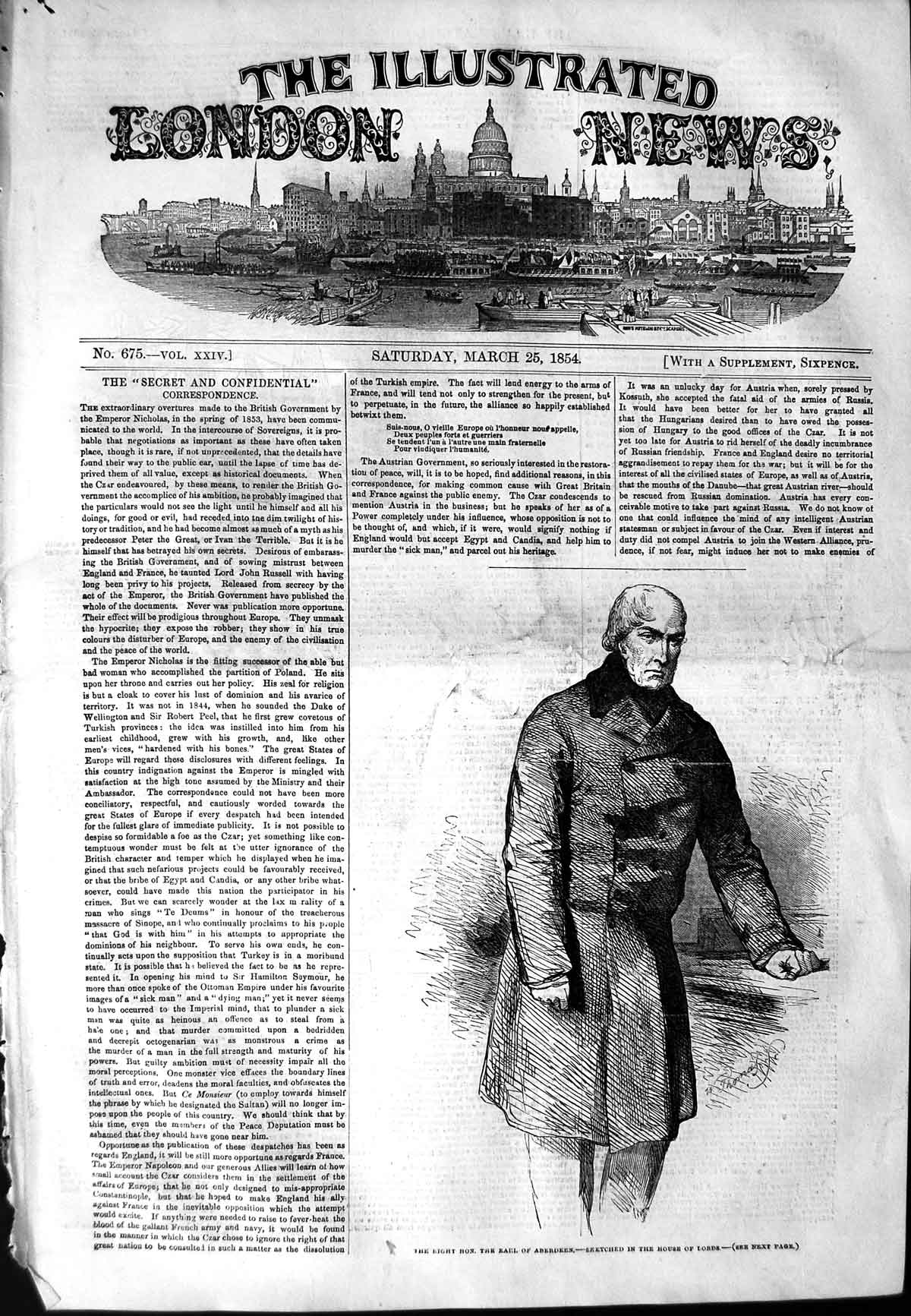Original Old Antique Print *3179 1854 Portrait Earl Aberdeen House Lords