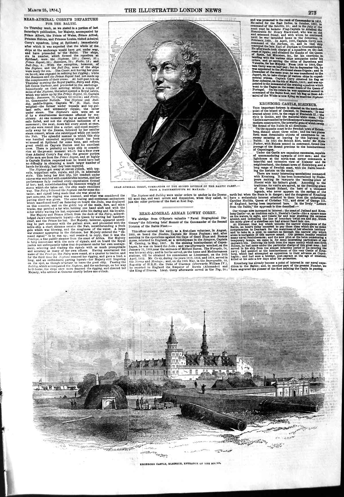 Antique Print *3178 1854 Kronborg Castle Elsineur Rear-Admiral Corry Baltic