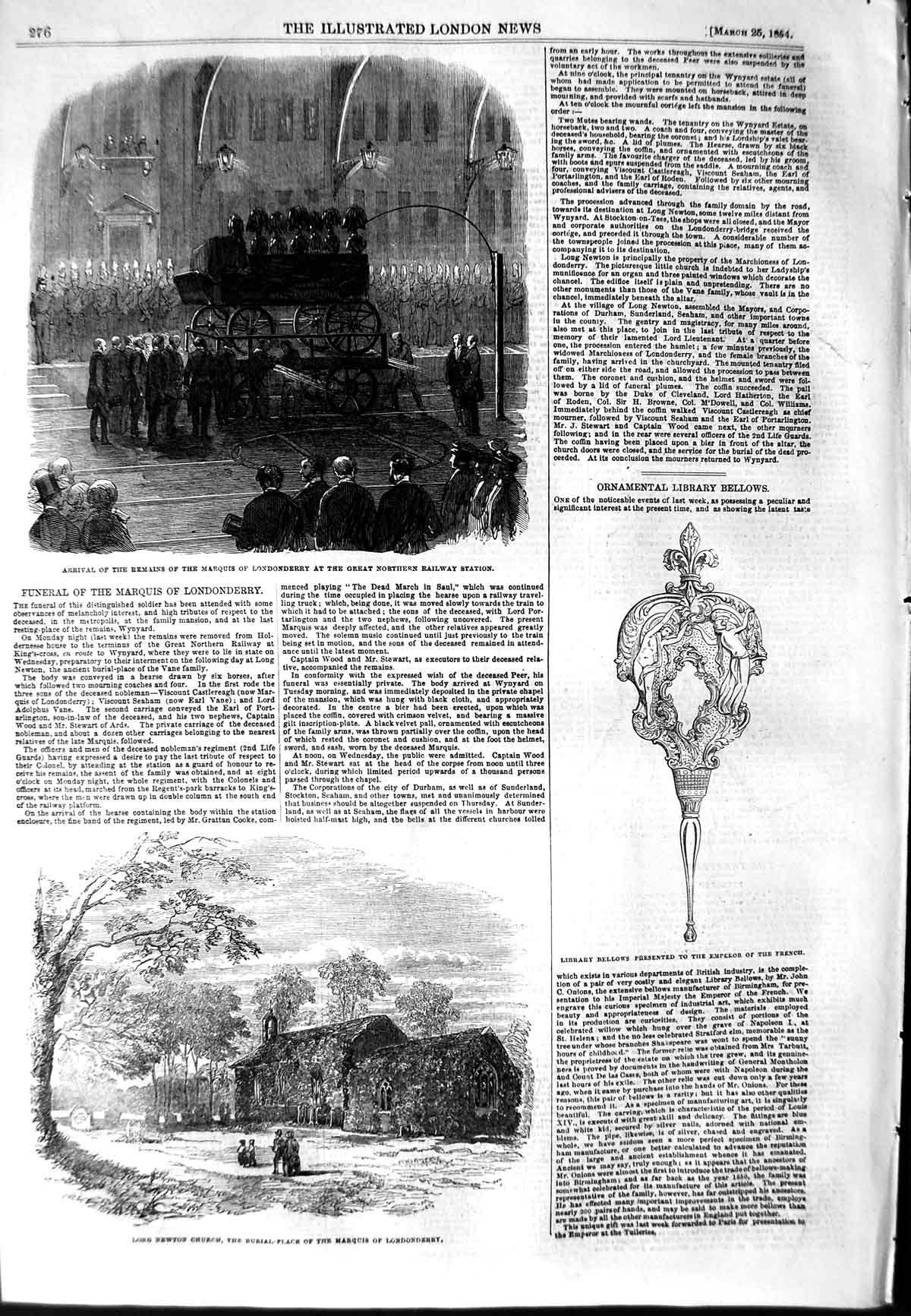 Original Old Antique Print 1854 Body Marquis Londonderry Railway Newton Church