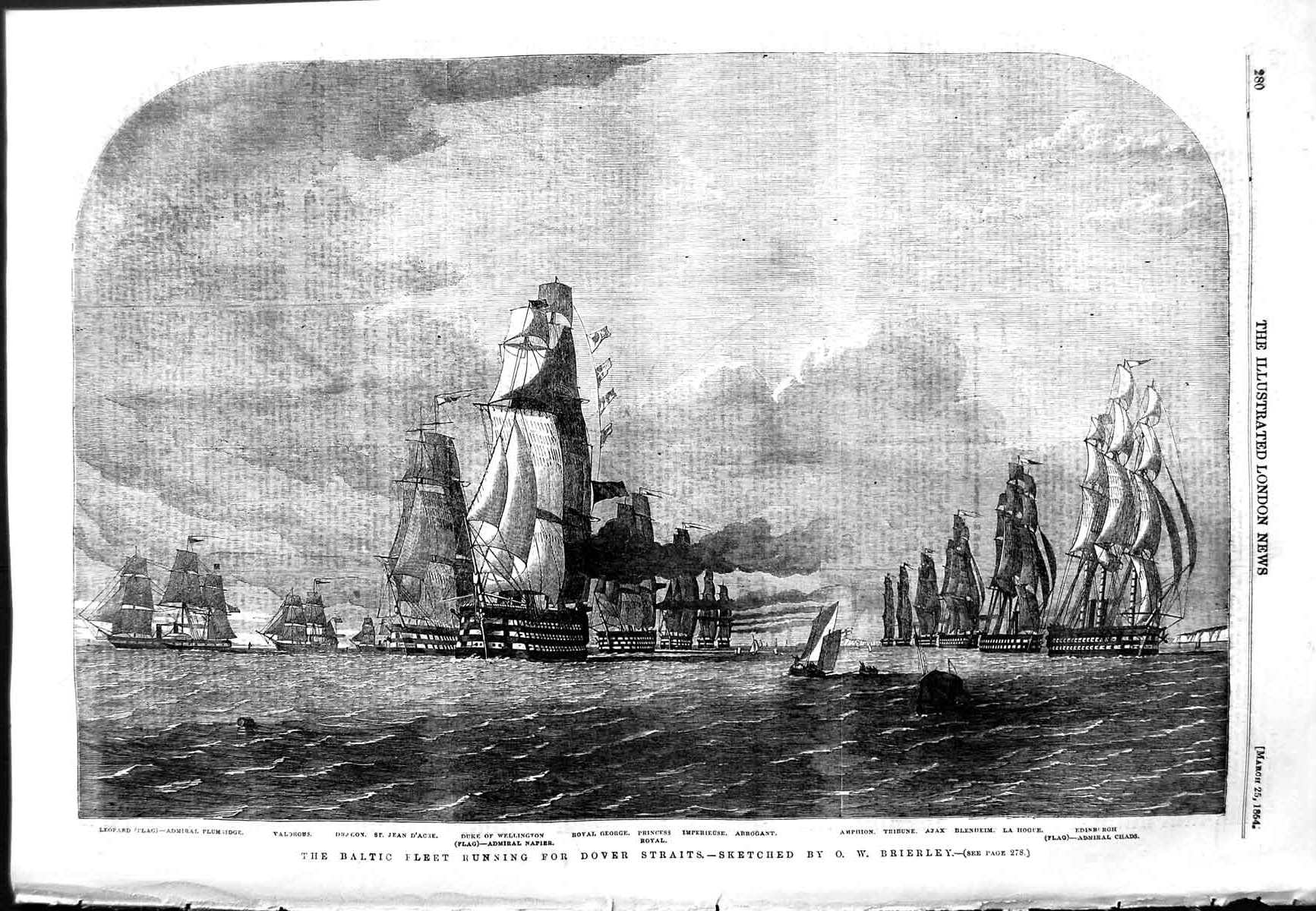 Original Old Antique Print 1854 Baltic Fleet Ships Dover Duke Wellington 19th