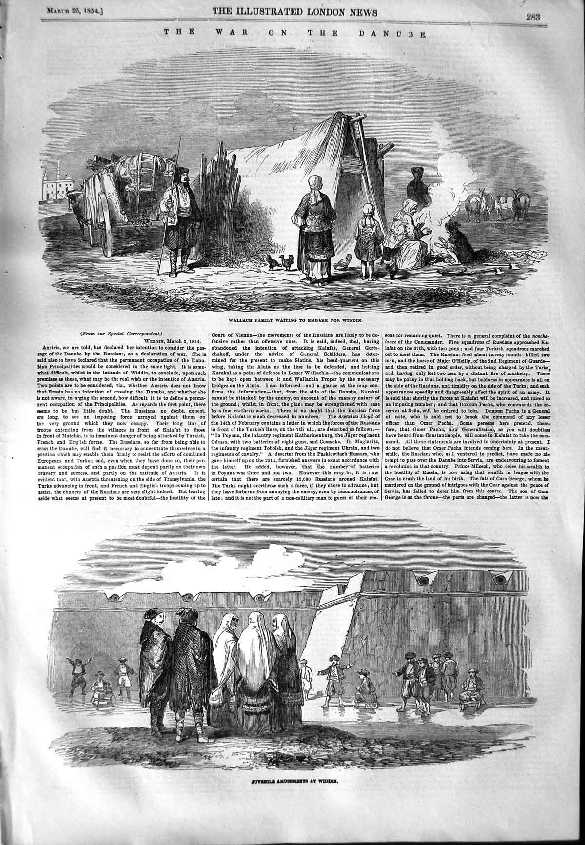 Original Old Antique Print 1854 Wallach Family Widdin Children Amusement Danube