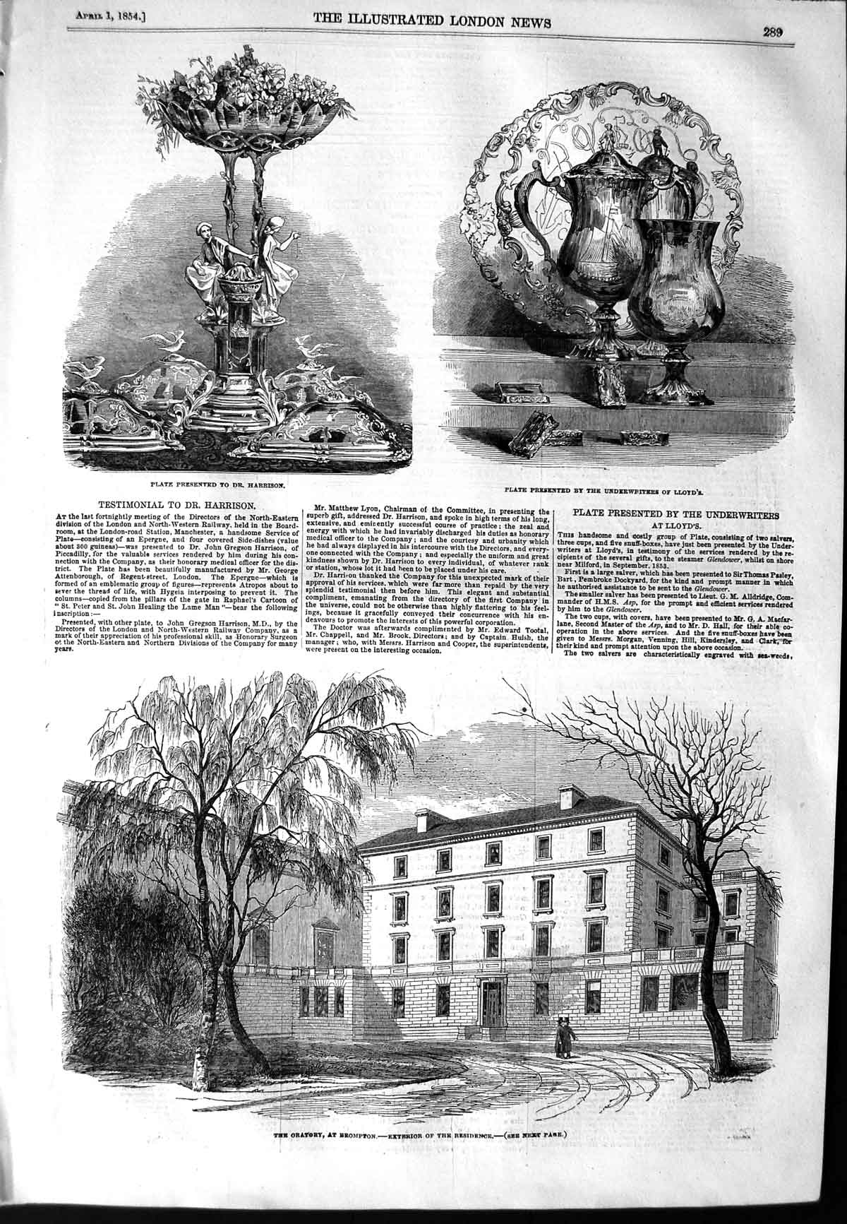 Old Antique Print 1854 Oratory Brompton Plate Harrison Lloyds Testimonial 19th