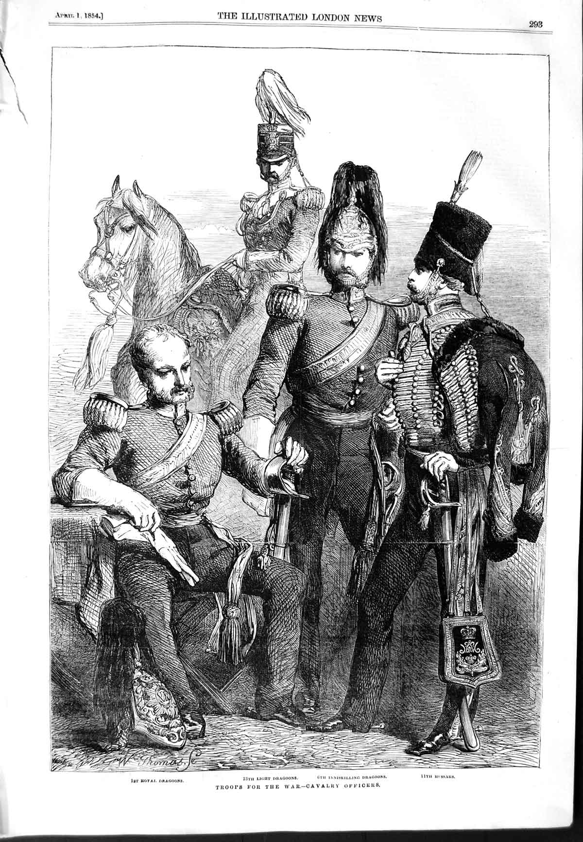 Original Old Antique Print 1854 War Troops Dragoons Hussars Cavalry Officers