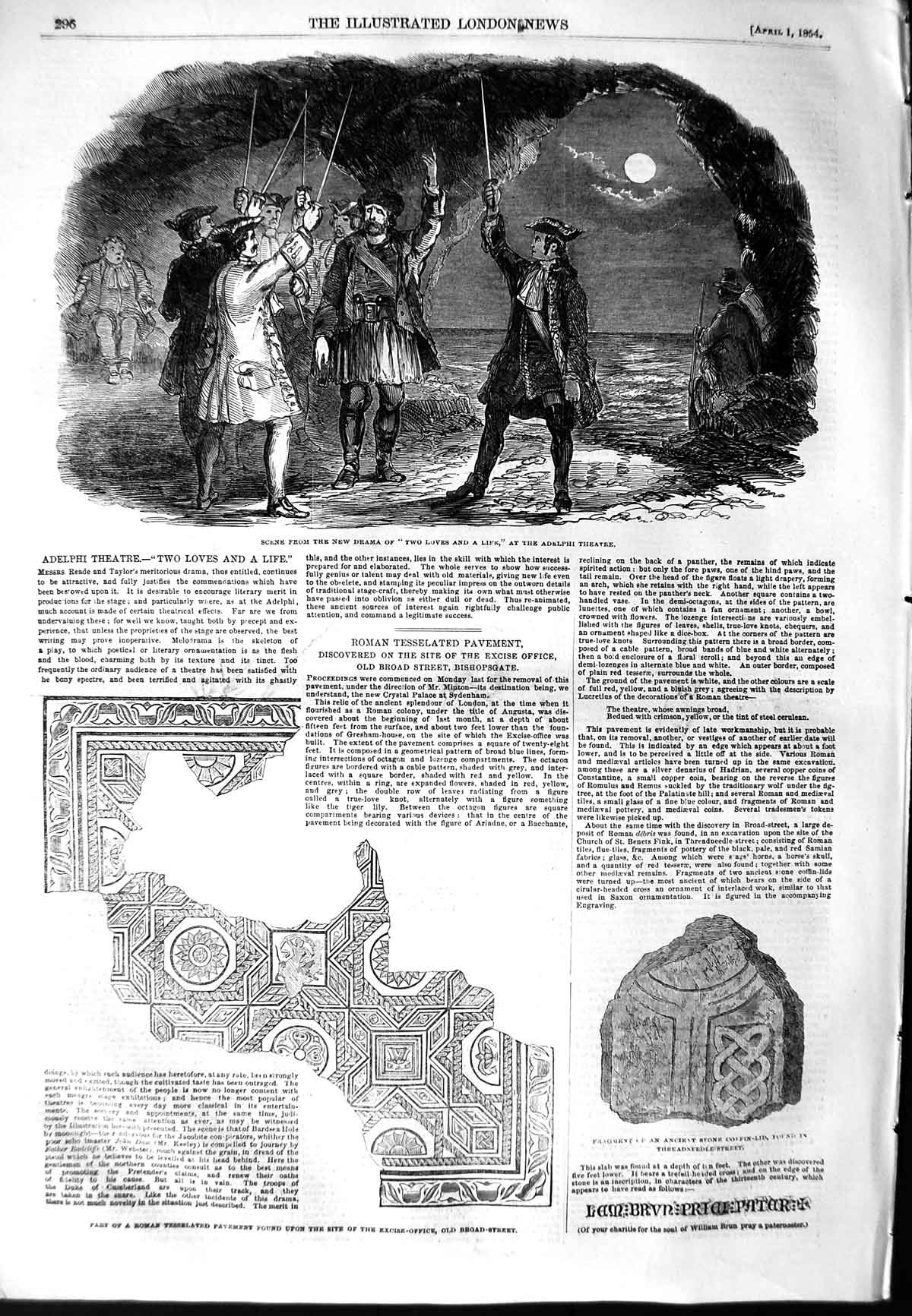 Original Old Antique Print 1854 Adelphi Theatre Archaeology Roman Stone Pavment