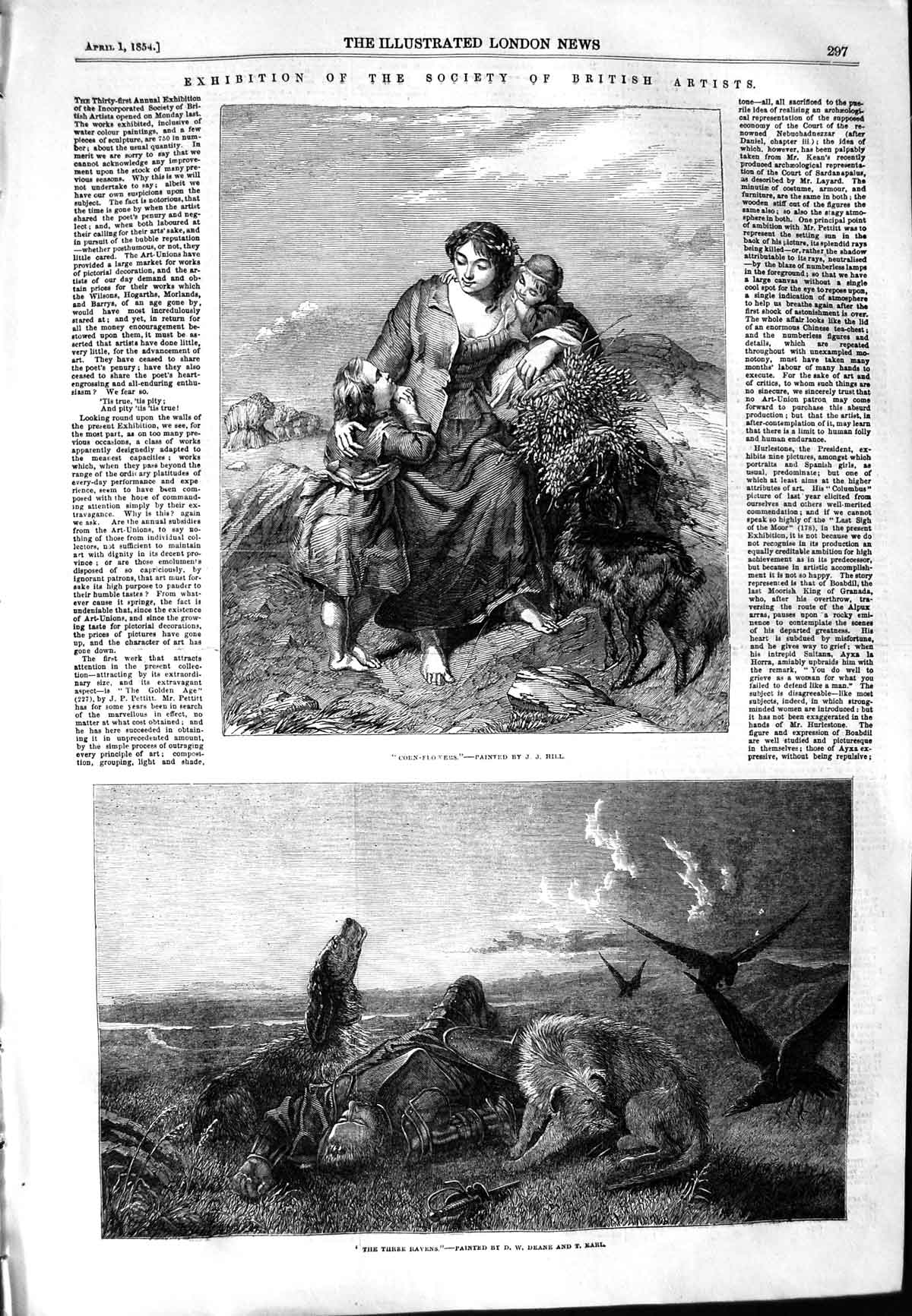 Original Old Antique Print 1854 Corn Flowers Dead Man Ravens Dogs Fine Art 19th