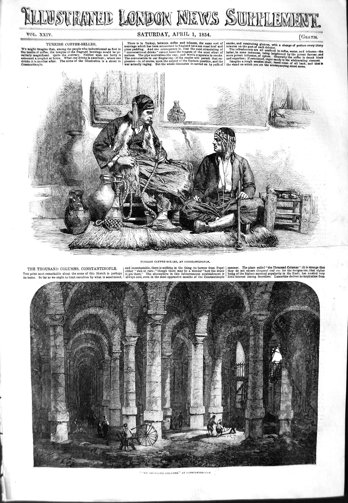 Original Old Antique Print 1854 Turkish Coffee Seller Constantinople Columns