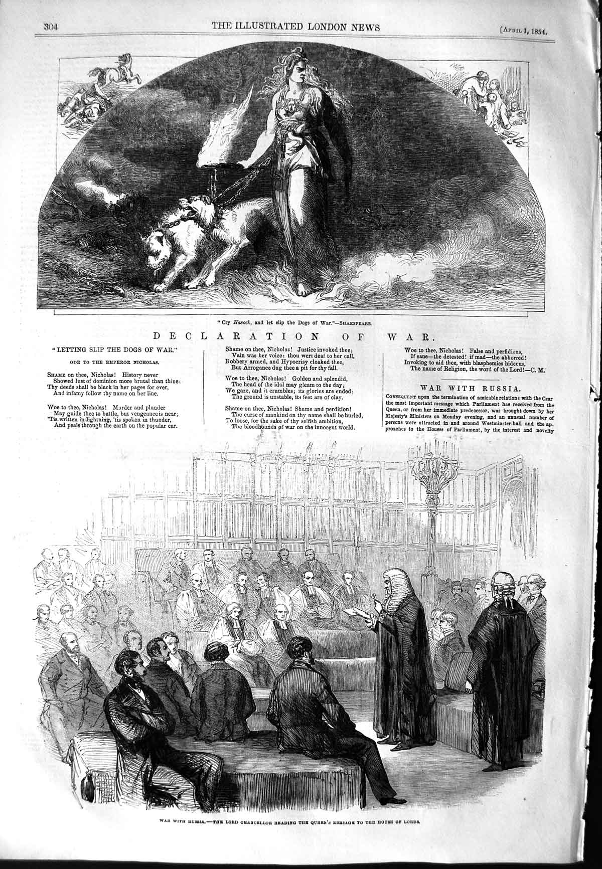 Original Old Antique Print 1854 War Russia Lord Chancellor Queen House Lords