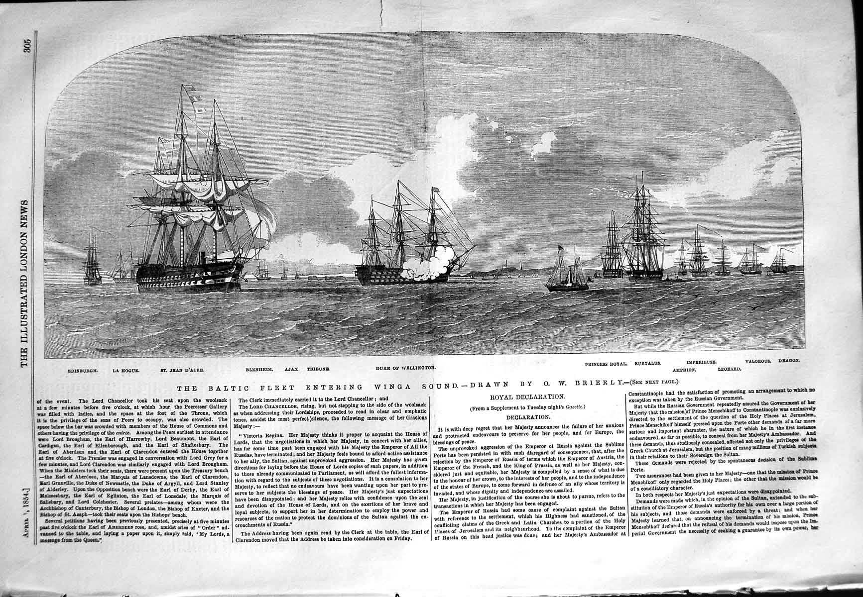 Old Antique Print 1854 Baltic Ships Duke Wellington Amphion Ajax Valorous 19th