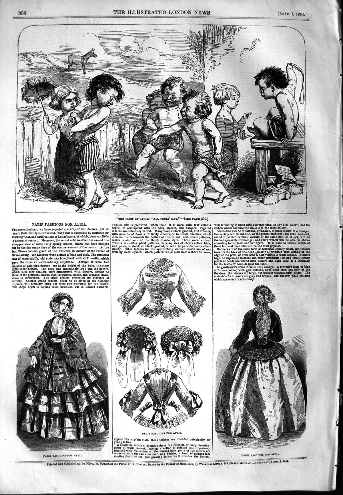 Old Antique Print 1854 Children April Fool Paris Ladies Fashion Dresses 19th
