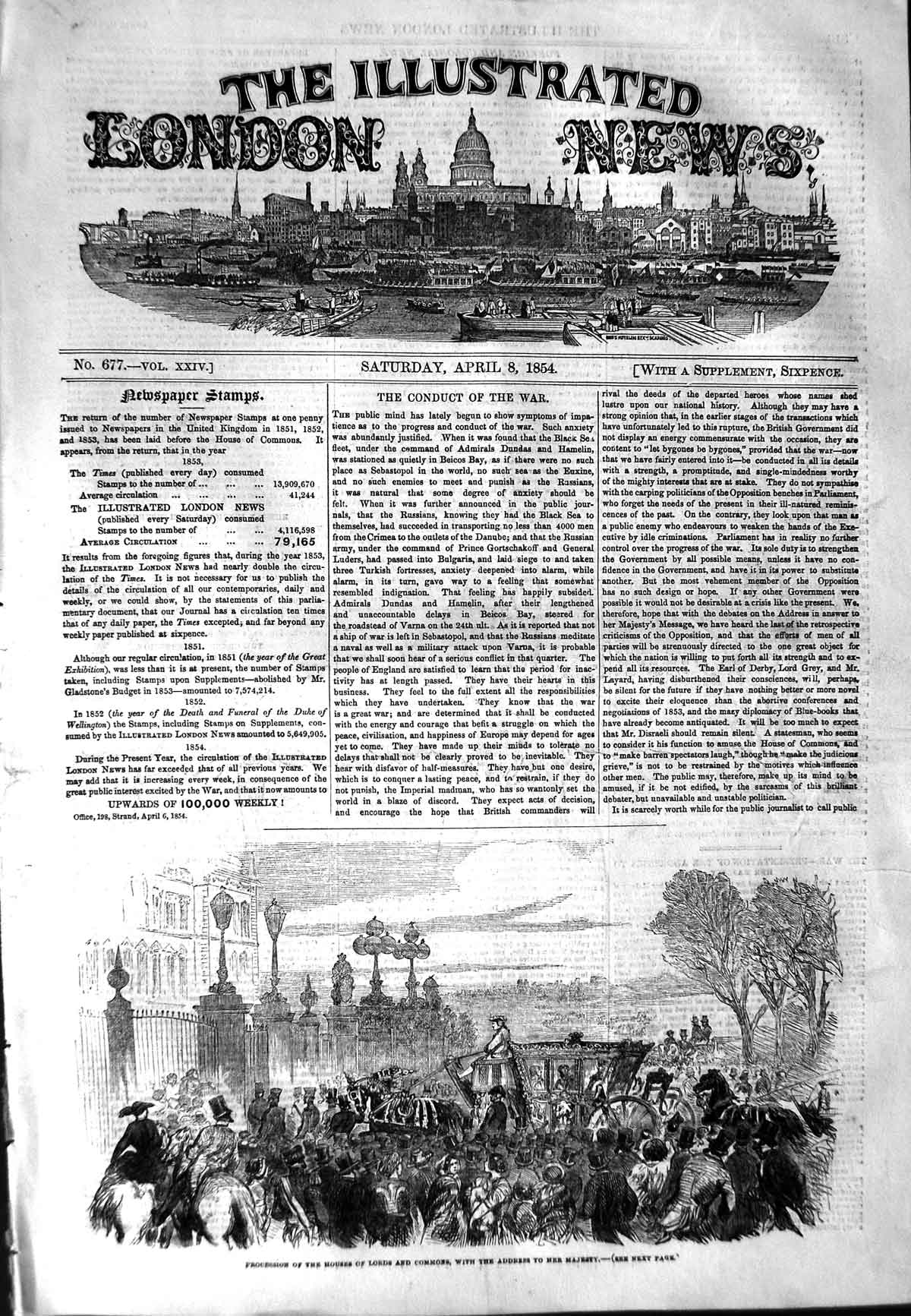 Original Old Antique Print 1854 Procession Houses Lords Commons Queen Carriage