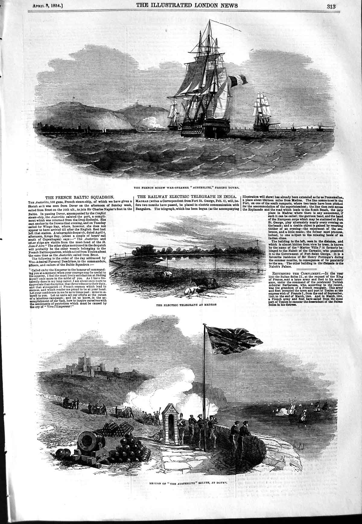 Original Old Antique Print 1854 French Ship Austerlitz Fire Dover Telegraph 19th