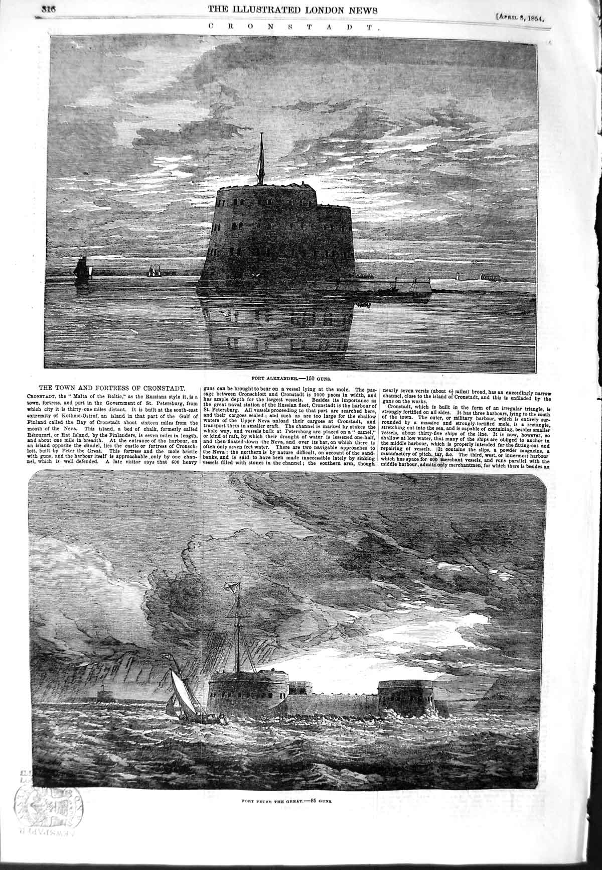 Original Old Antique Print 1854 Fort Alexander Cronstadt Peter Great Ships War