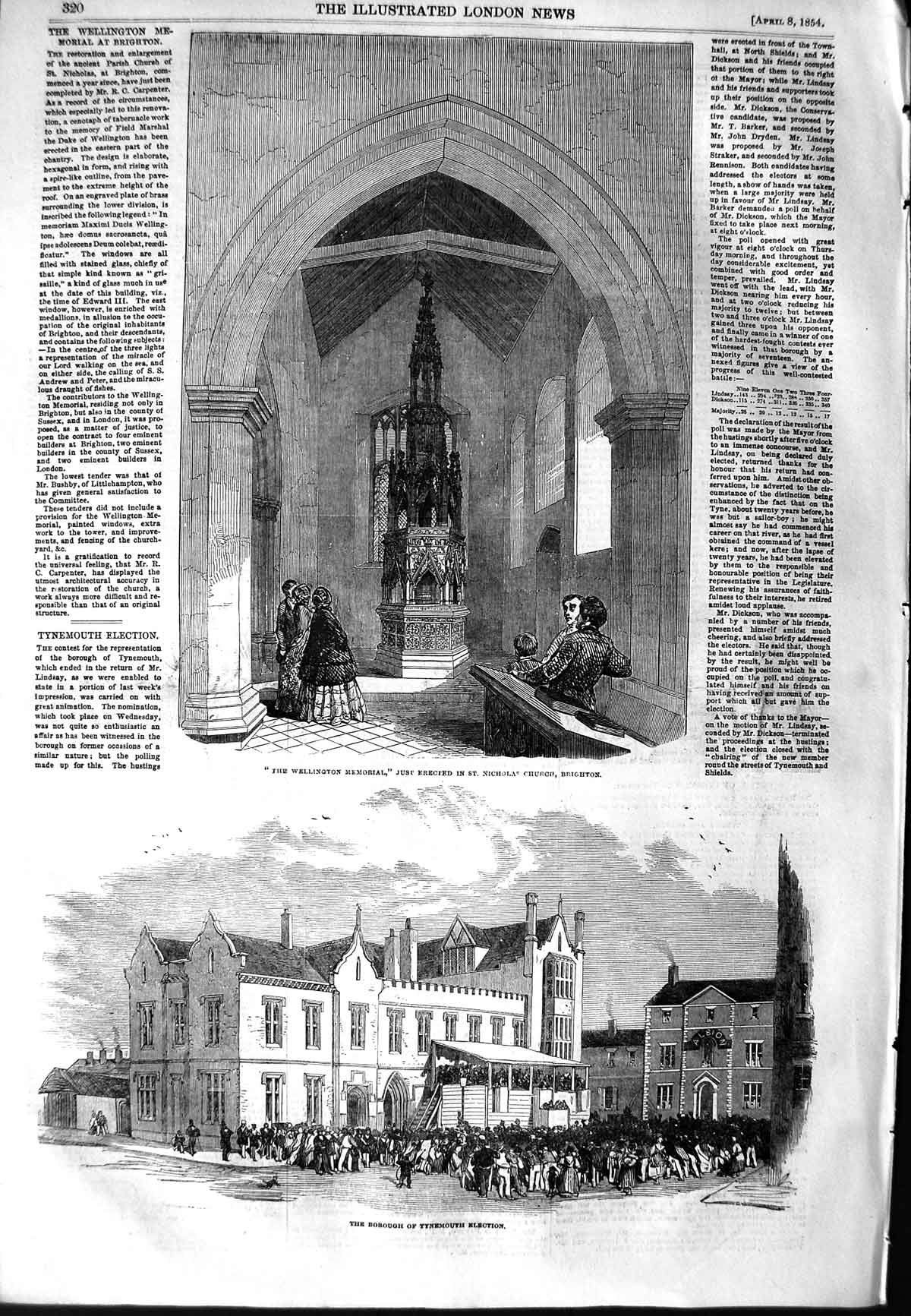 Antique Old Print *3177 1854 Wellington Memorial Church Brighton Tynemouth