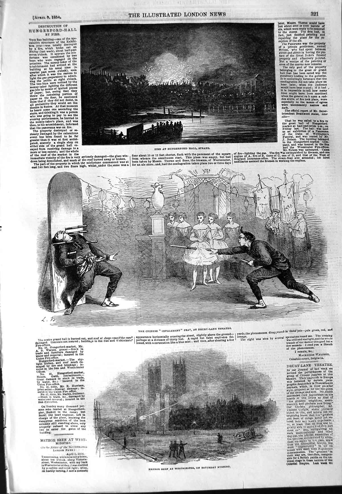 Old Antique Print 1854 Fire Hungerford Strand Drury Theatre Meteor London 19th