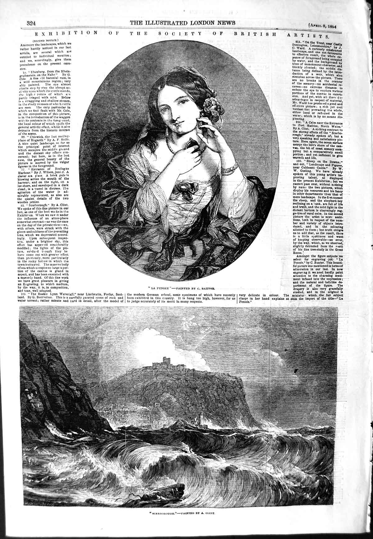 Original Old Antique Print 1854 View Stormy Sea Scarborough Portrait La Pensee