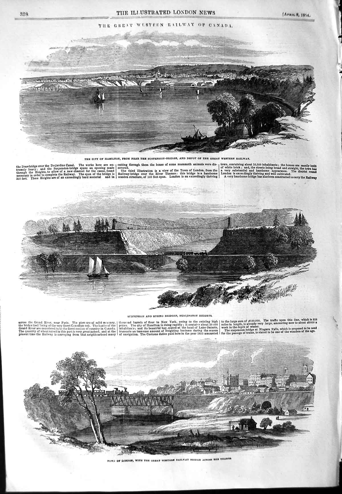 Old Antique Print 1854 Great Western Railway Canada Hamilton London Train 19th