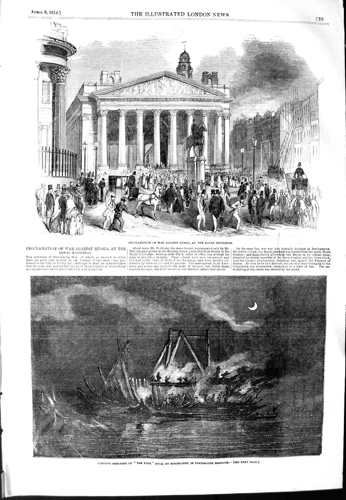 Old Antique Print 1854 Convicts Breaking York Ship Portsmouth War Russia 19th